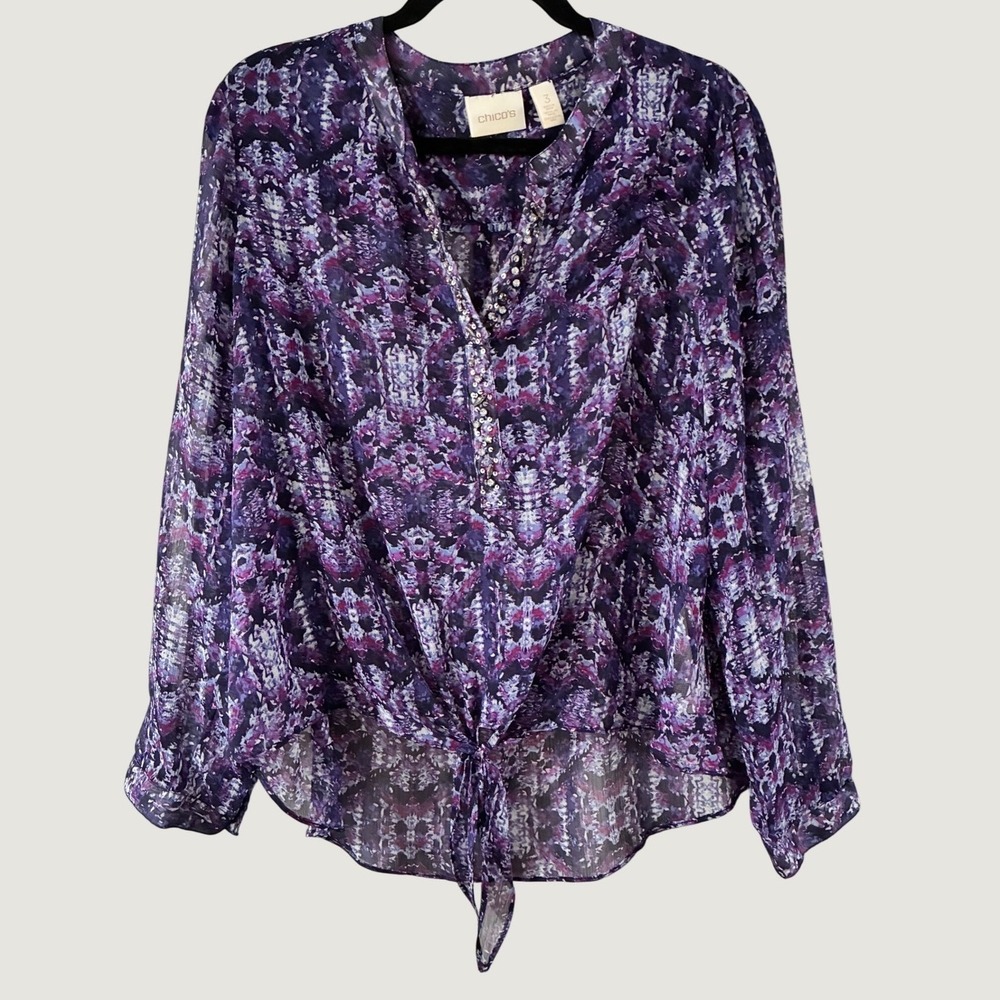 Chicos Purple Abstract Print Embellished V-Neck Tie Front Blouse Size 3 XL